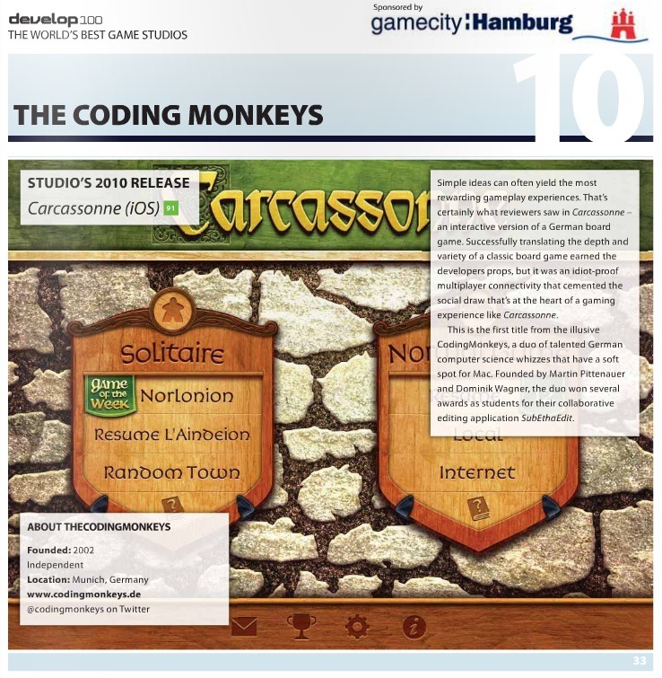 Excerpt of the Develop Magazine showing a Carcassonne Screenshot and 10th place for TheCodingMonkeys