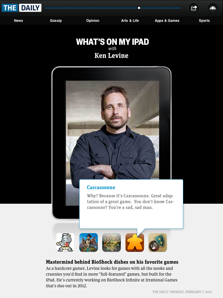 Screenshot of the iPad Magazine the Daily showing Ken Levine's statement to Carcassonne